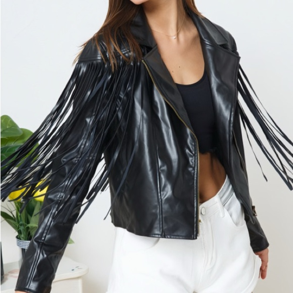 Black Fringe Faux Leather Jacket